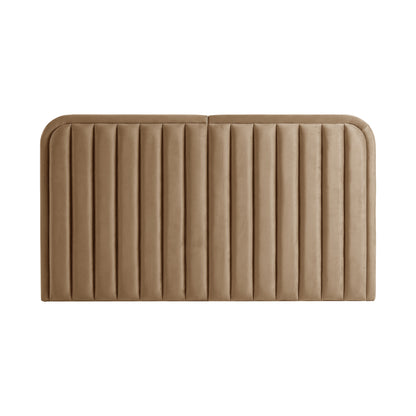 Tan upholstered headboard with vertical channels on white background