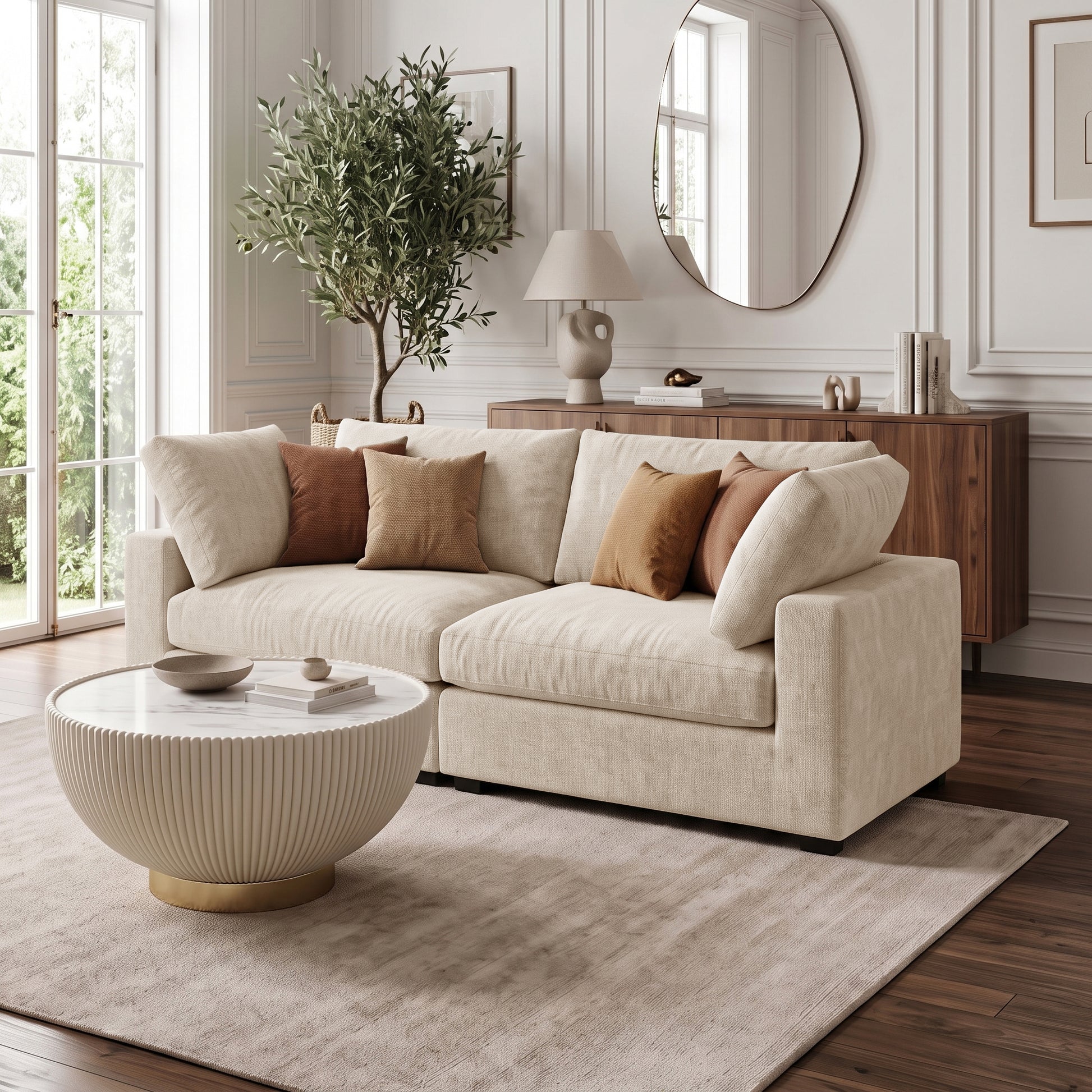Beige L-shaped sectional sofa styled in a modern living room