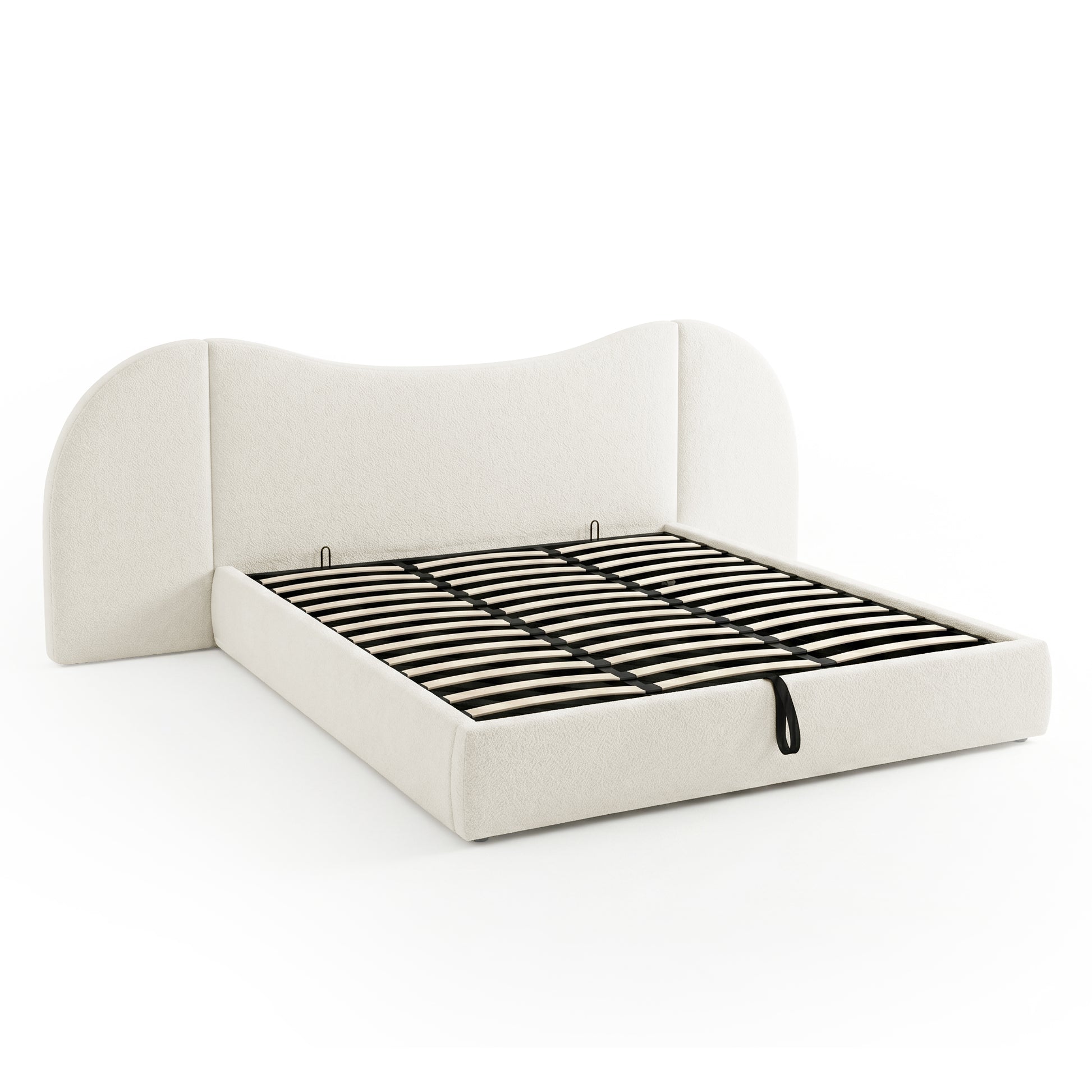 Modern upholstered bed frame with slatted base on white background