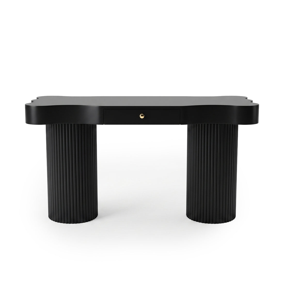 Black desk or console table with rounded corners and fluted legs on a white background