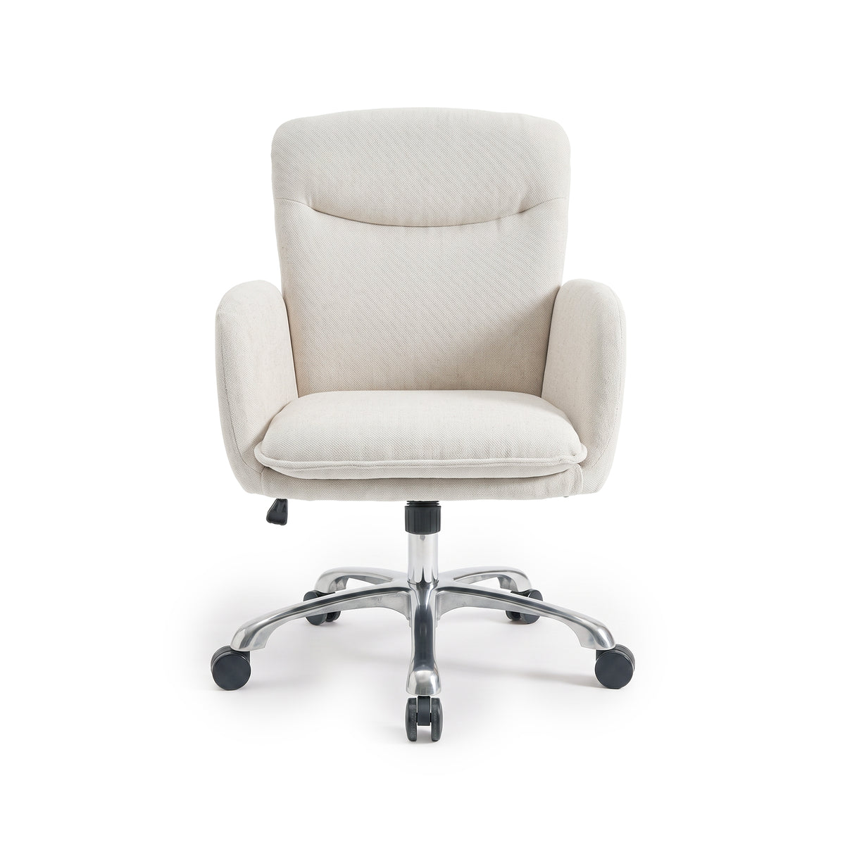 Full view of a beige upholstered office chair on a white background