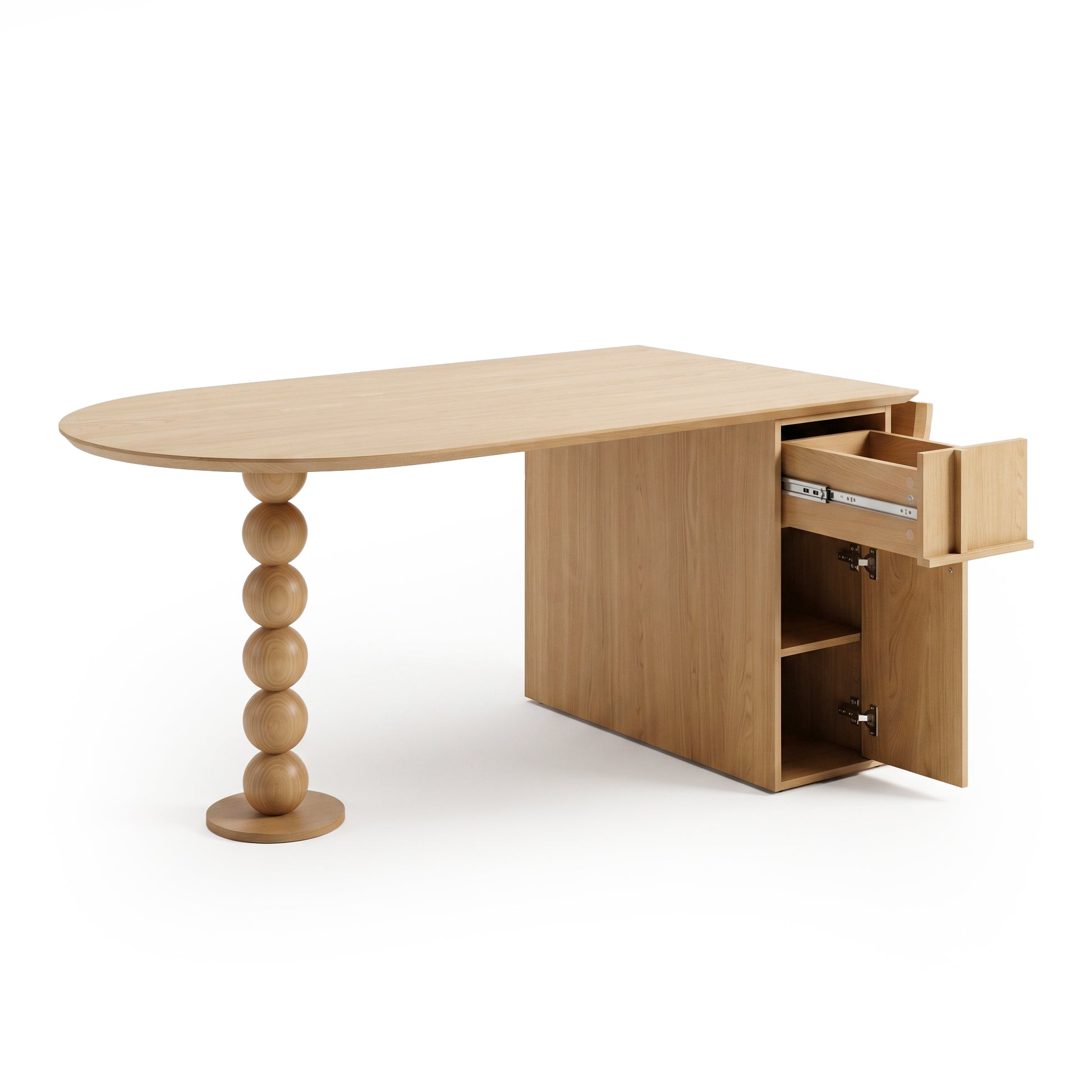 Light wood desk with rounded top, stacked-sphere leg, open shelves, and pulled-out drawer on white background