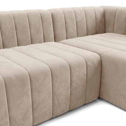 Close-up corner section of a beige sectional sofa on a white background