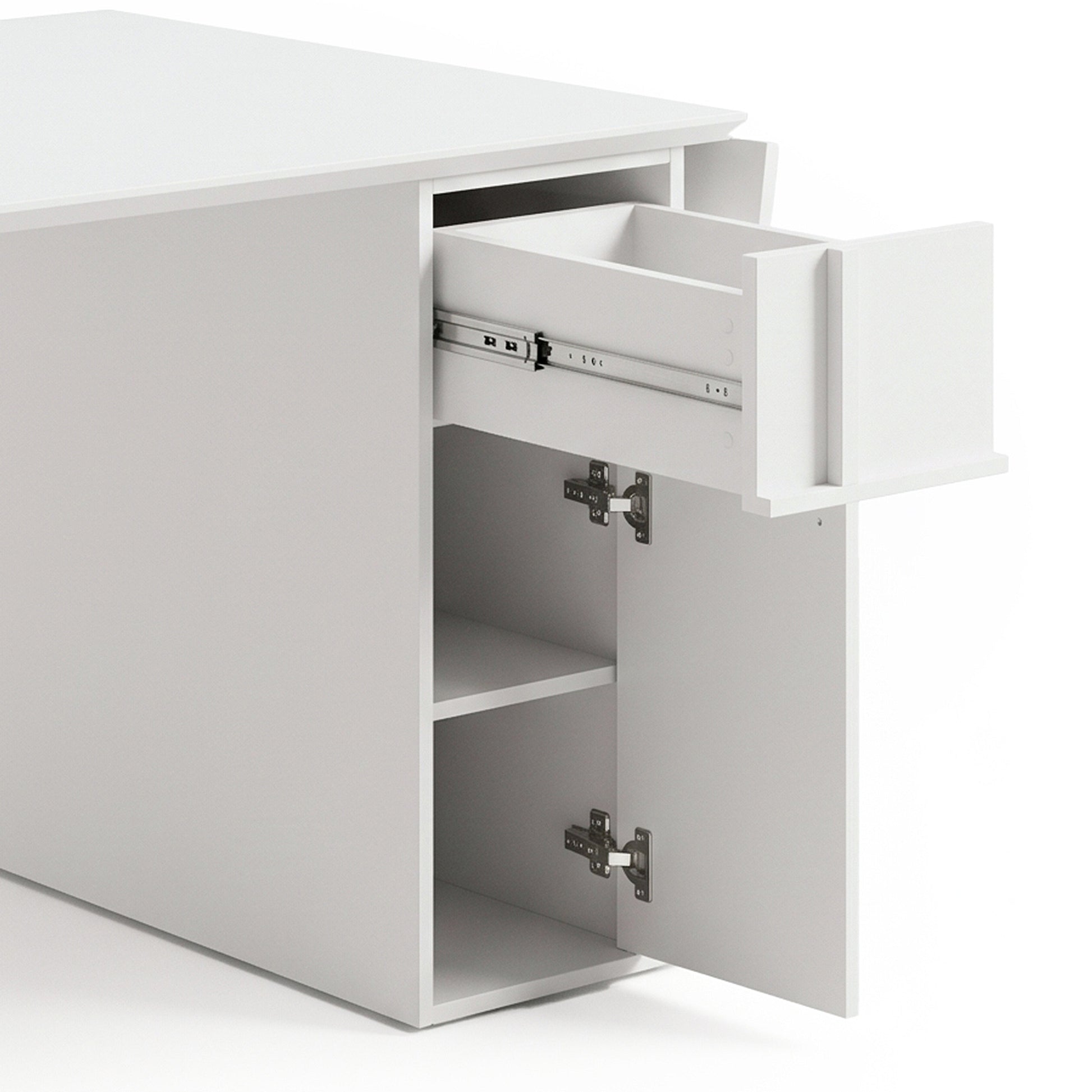 White storage desk or cabinet with open drawer and shelves on a white background