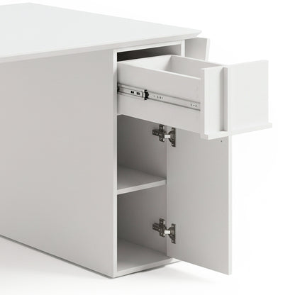 White storage desk or cabinet with open drawer and shelves on a white background