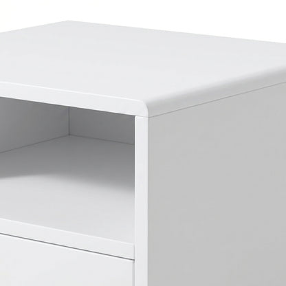 Close crop of nightstand top corner and shelf on white background