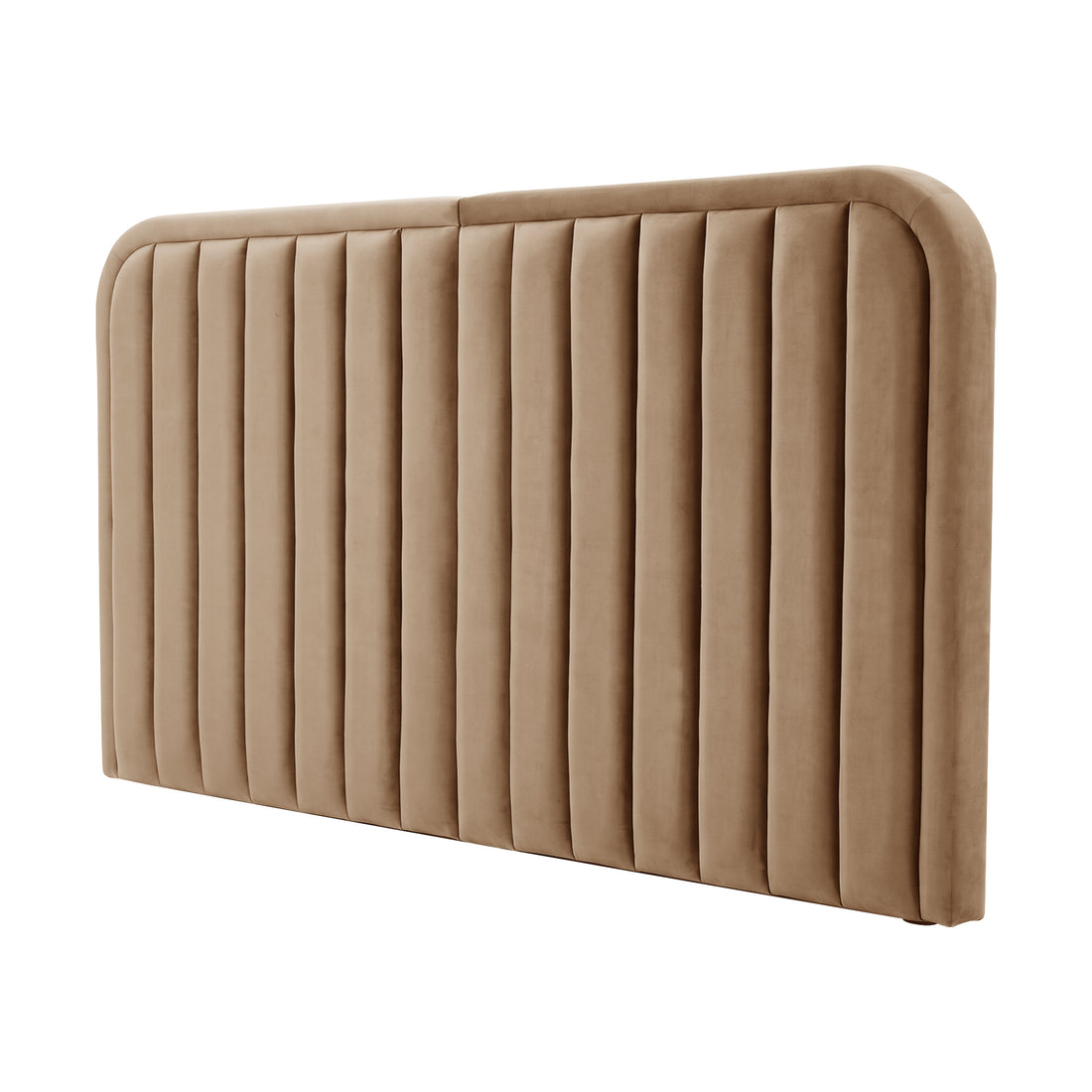 Beige upholstered headboard with channel tufting and rounded top corners on a white background