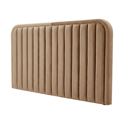 Beige upholstered headboard with channel tufting and rounded top corners on a white background