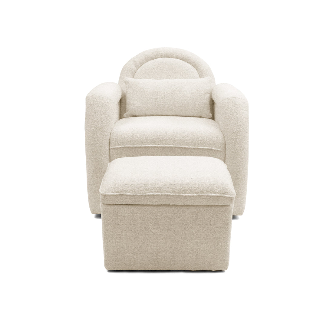 Cream-colored armchair and ottoman on white background