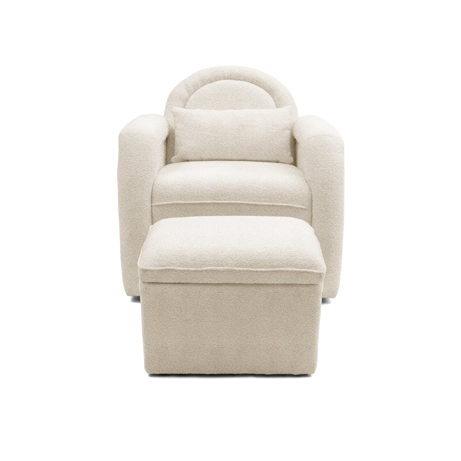 Cream-colored armchair and ottoman on white background