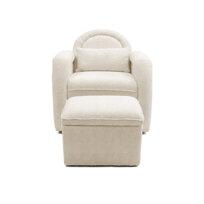Cream-colored armchair and ottoman on white background