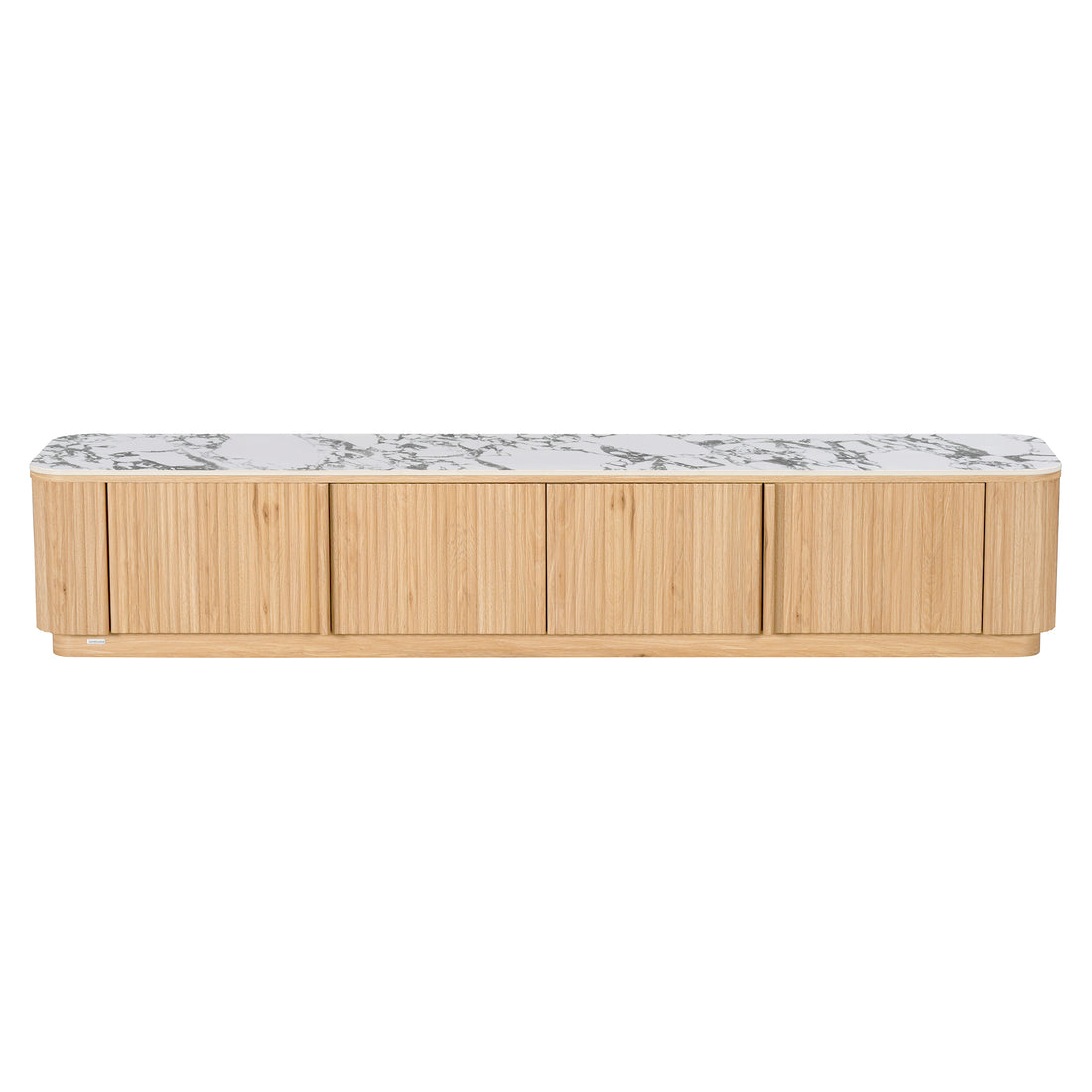 Light wood storage cabinet with marble-look top on white background