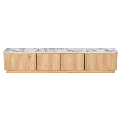 Light wood storage cabinet with marble-look top on white background