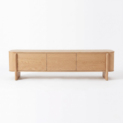 Light wood sideboard on a white background with three front doors and rounded ends