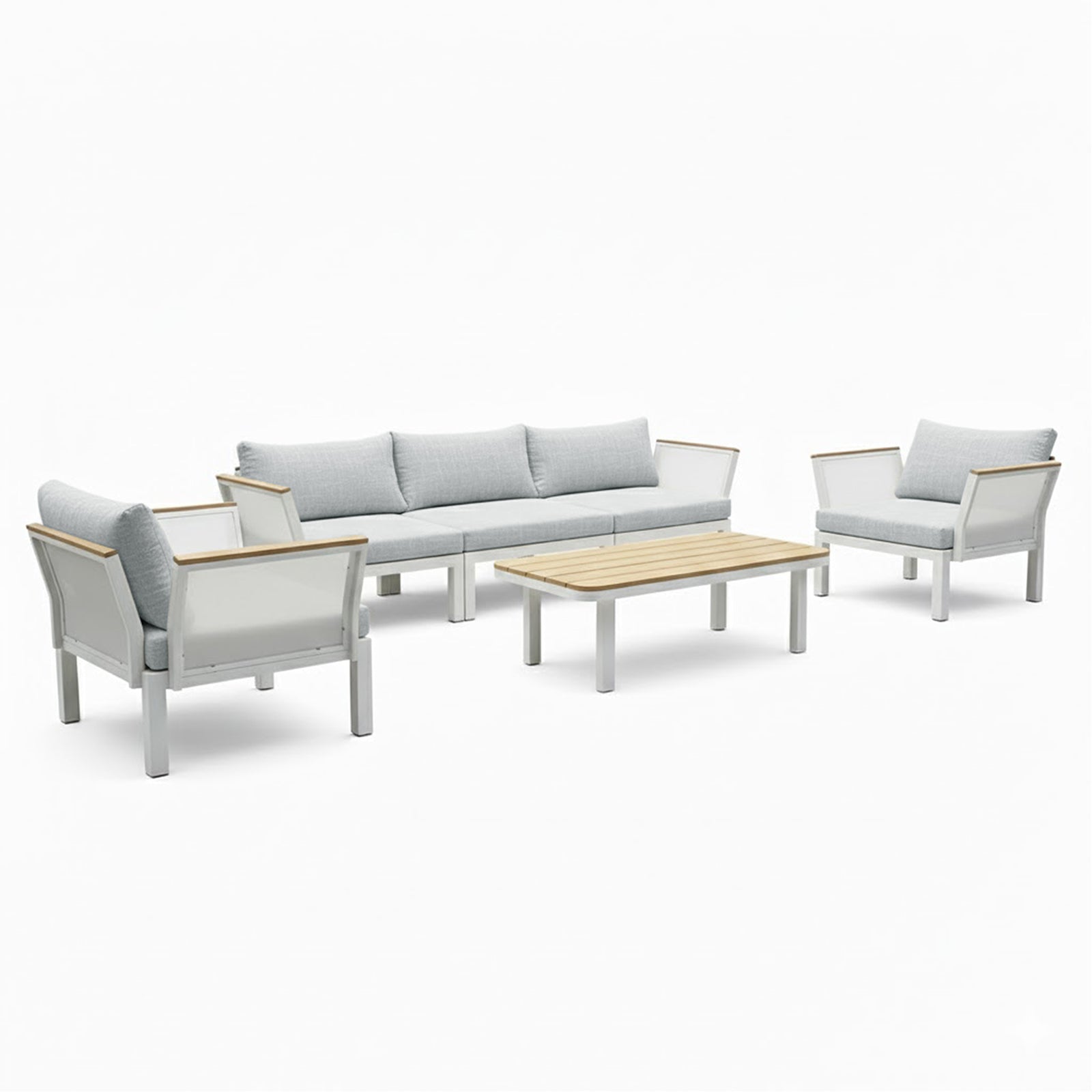 Sierra Outdoor Lounge Set in Grey featuring two armchairs, a three-seat sofa, and a coffee table, all with white metal frames and wood accents, offering stylish outdoor comfort.