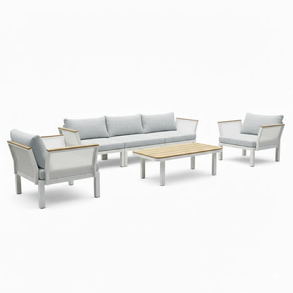 Sierra Outdoor Lounge Set in Grey featuring two armchairs, a three-seat sofa, and a coffee table, all with white metal frames and wood accents, offering stylish outdoor comfort.