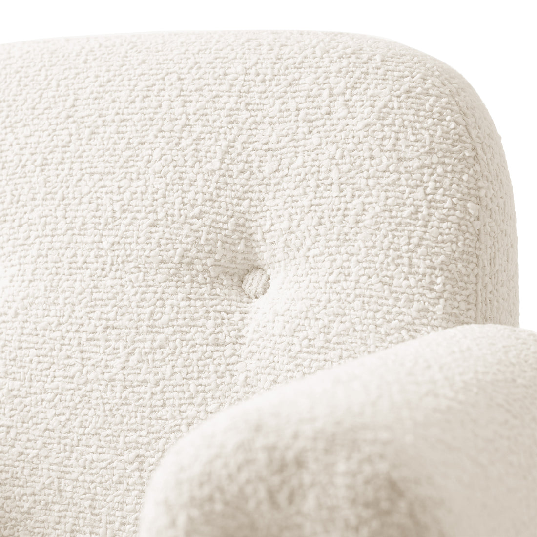 Close-up of boucle upholstery on armrest and backrest on white background