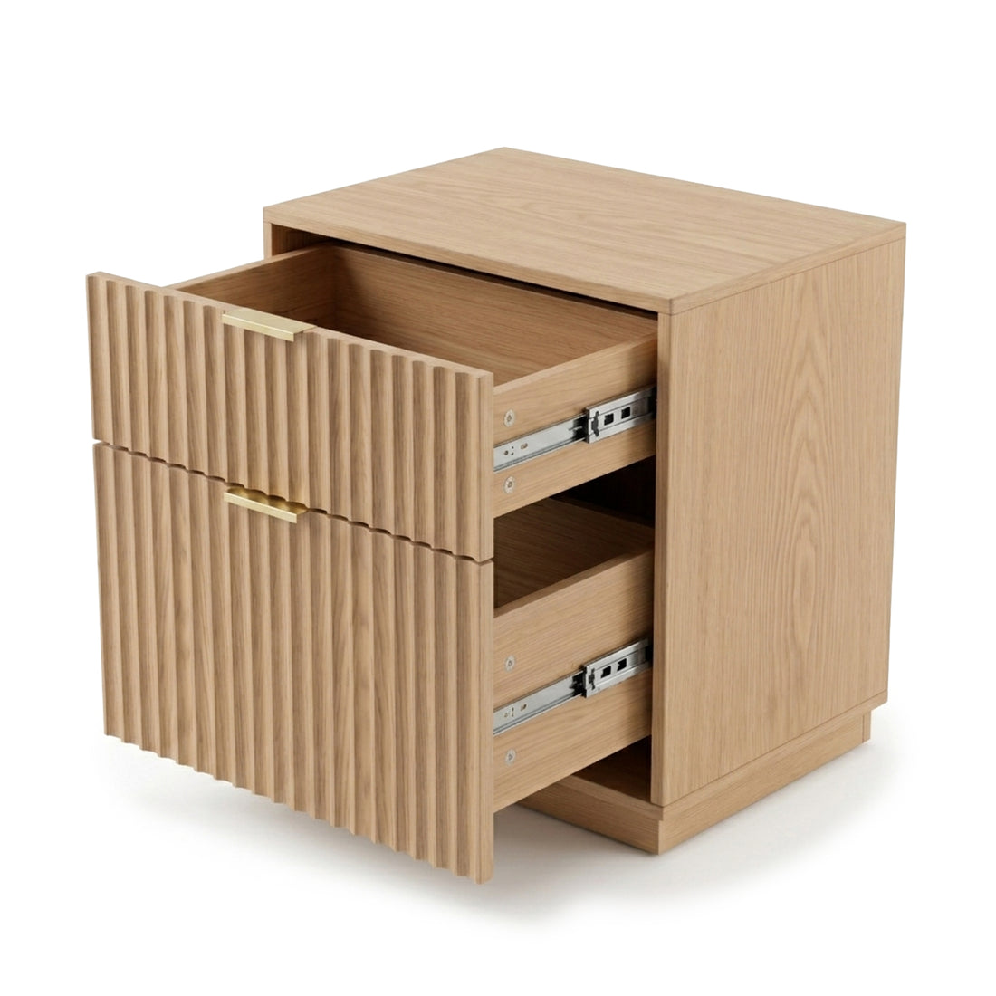 Small wooden two-drawer cabinet with partially open drawers on a white background