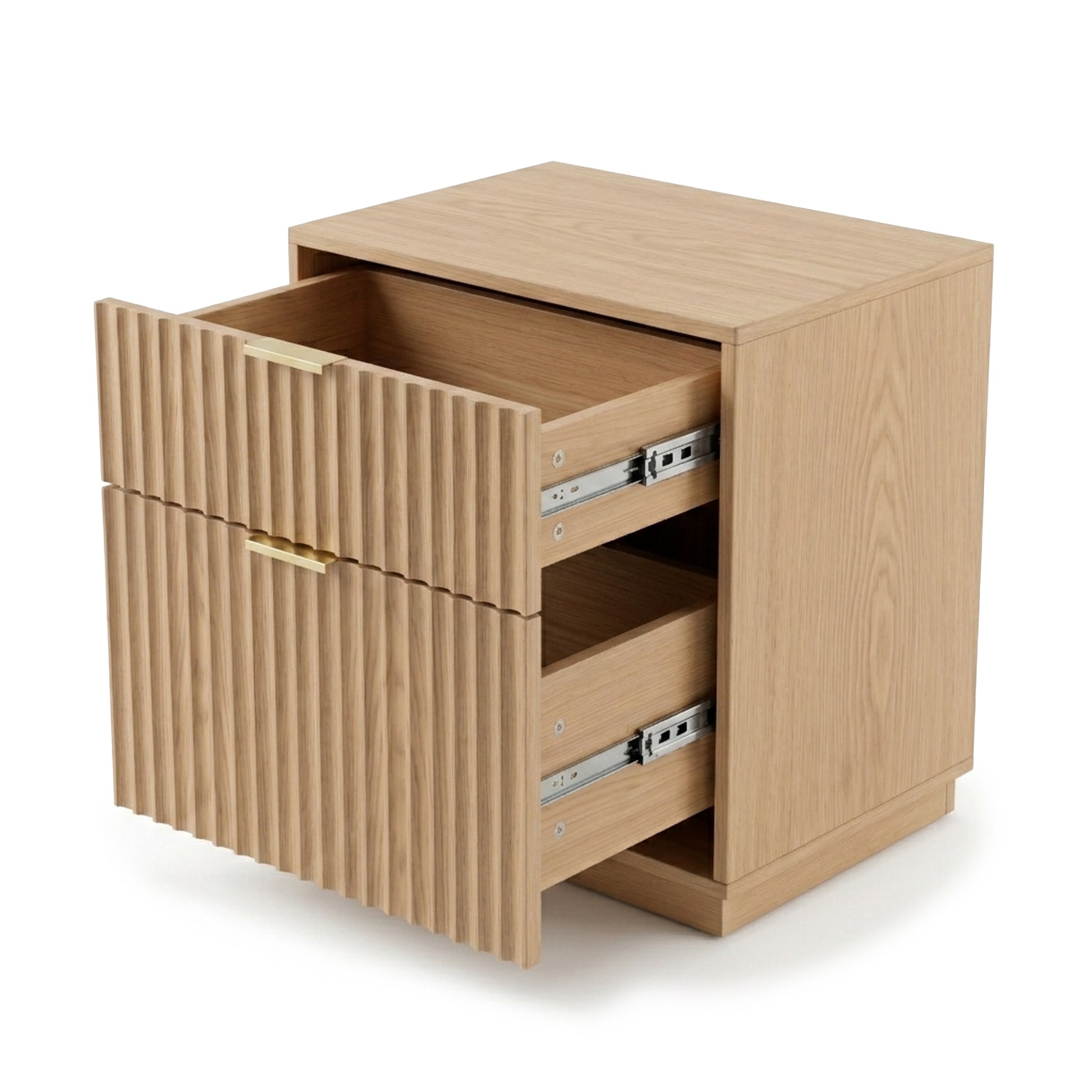 Small wooden two-drawer cabinet with partially open drawers on a white background