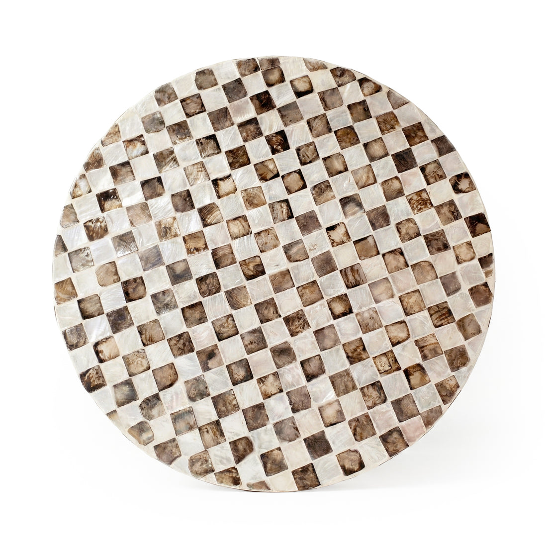 Overhead view of a round checkered tabletop on white background