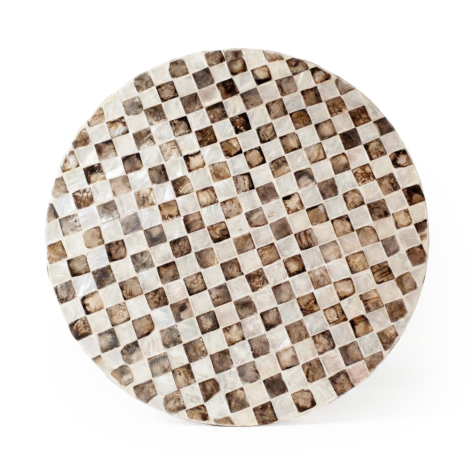 Overhead view of a round checkered tabletop on white background