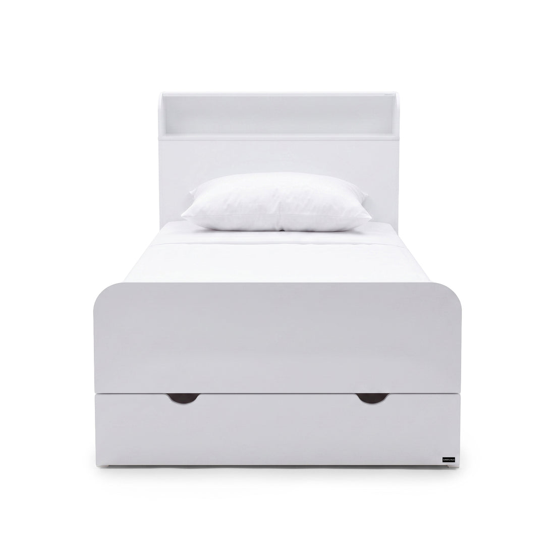White bed with shelf headboard and under-bed storage drawer on a white background, viewed from the foot of the bed.