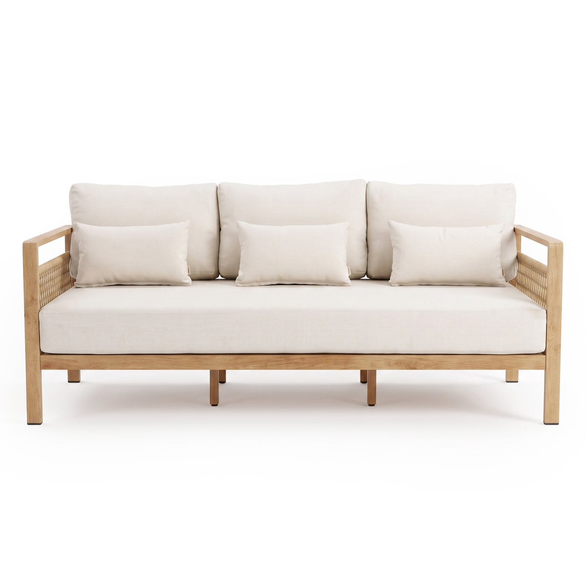 Neutral cushioned sofa with wooden armrests on a white background