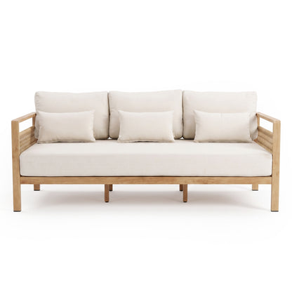 Neutral cushioned sofa with wooden armrests on a white background