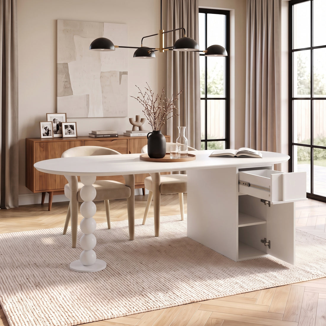 Modern white table staged in a bright contemporary room with decor and natural light
