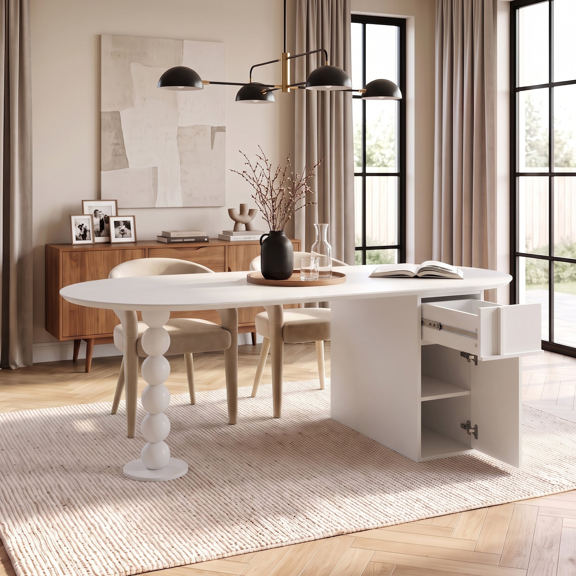 Modern white table staged in a bright contemporary room with decor and natural light