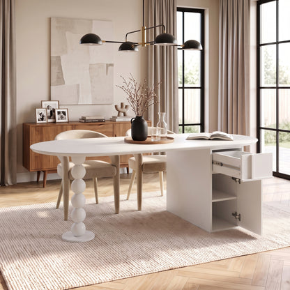 Modern white table staged in a bright contemporary room with decor and natural light