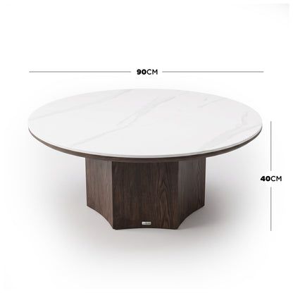 Round coffee table on white background with 90 cm width and 40 cm height dimensions shown