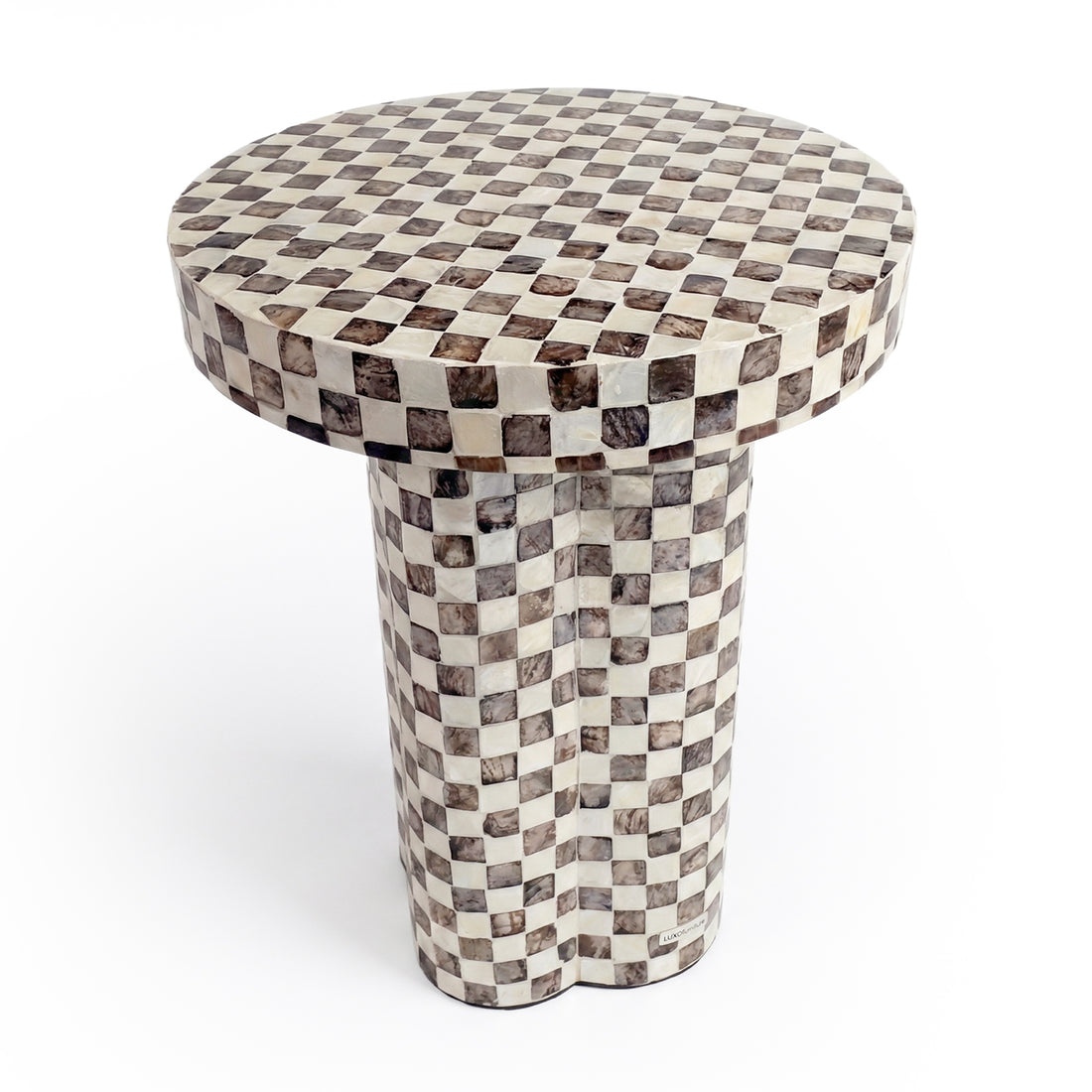 Round checkered side table on white background, angled top and base visible