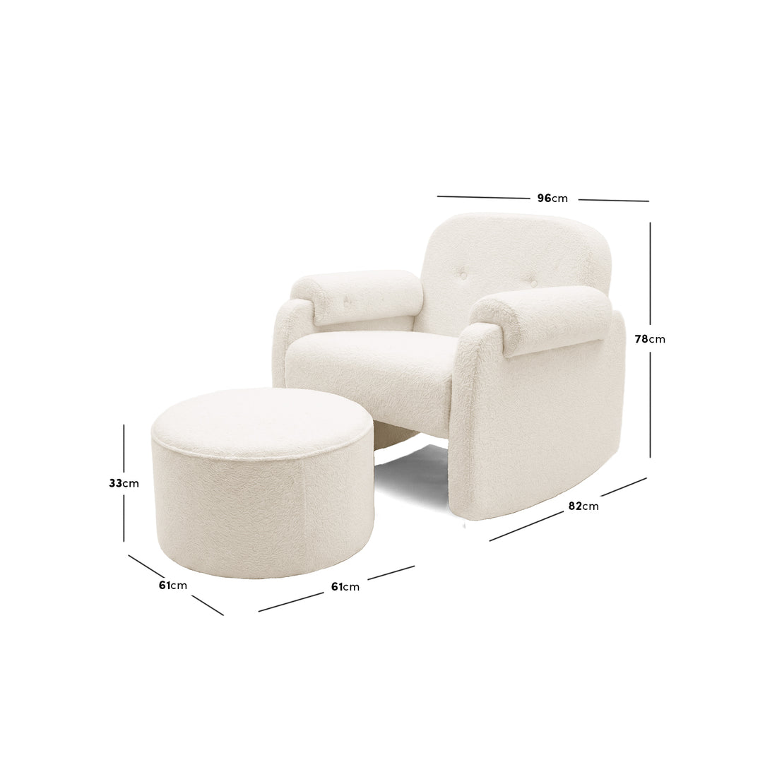 Plush armchair and ottoman with dimensions on white background