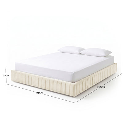 Bed with dimensions annotated on white background