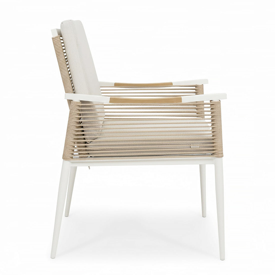 Casara 9 Piece Outdoor Dining Set in White and Beige features a modern low-slung lounge chair with a slender white metal frame, rope-wrapped sides, and light-beige cushions, enhancing alfresco dining elegance.