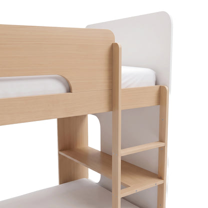 Partial view of a wooden bunk bed with ladder and bunk structure on a white background