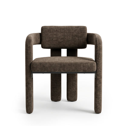 Front view of a modern dark brown upholstered chair on a white background