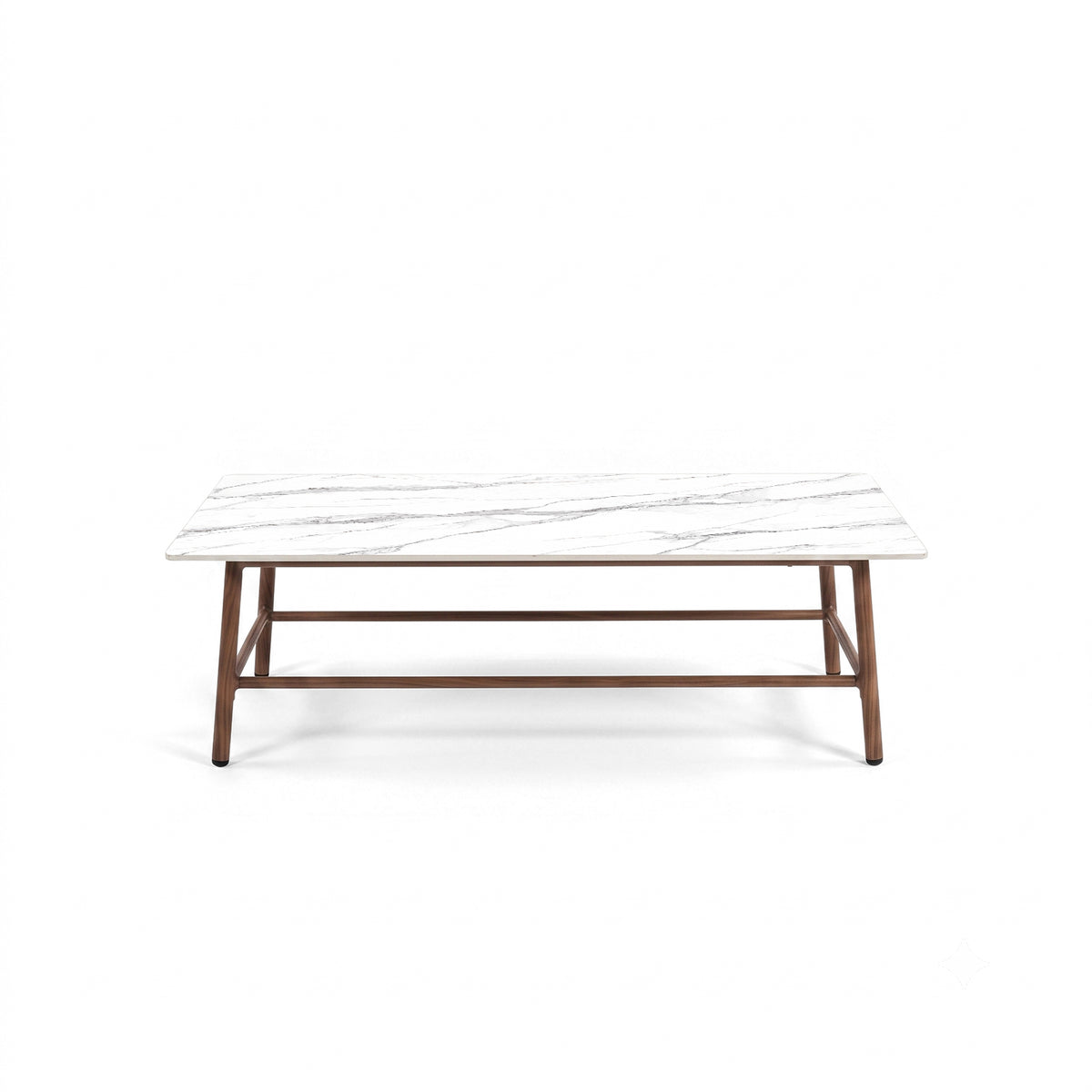 Rectangular coffee table with marble-effect top and wooden frame on white background