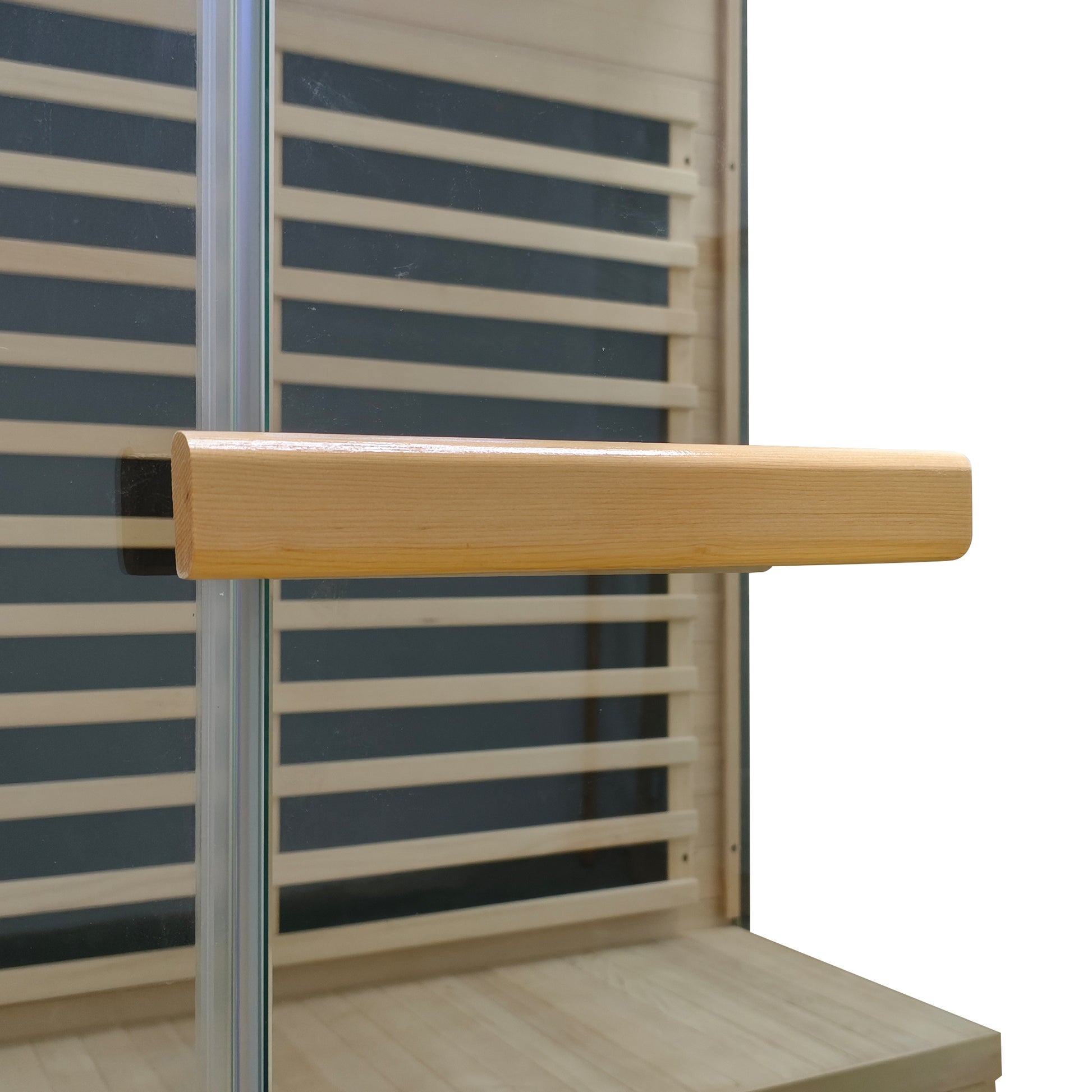 Wooden handle mounted on a glass sauna door or panel