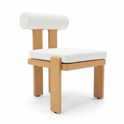 Positano 6 Seater Aluminium Outdoor Dining Set in White featuring a modern chair with light-wood frame, white upholstered square seat, cylindrical back cushion, and chunky natural wood legs on a plain background.