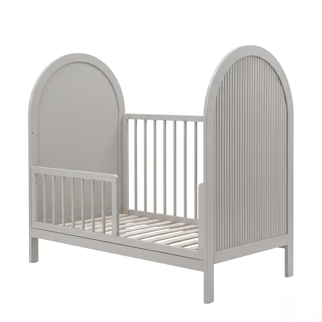 Gray toddler bed with open side on white background