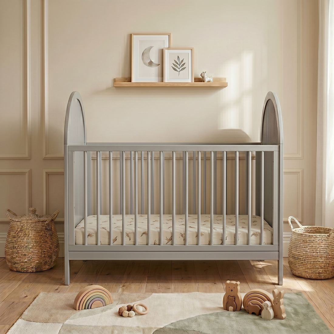 Modern grey crib in nursery with toys and wall decor