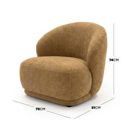Upholstered accent chair on a white background with height, width, and depth dimensions shown.