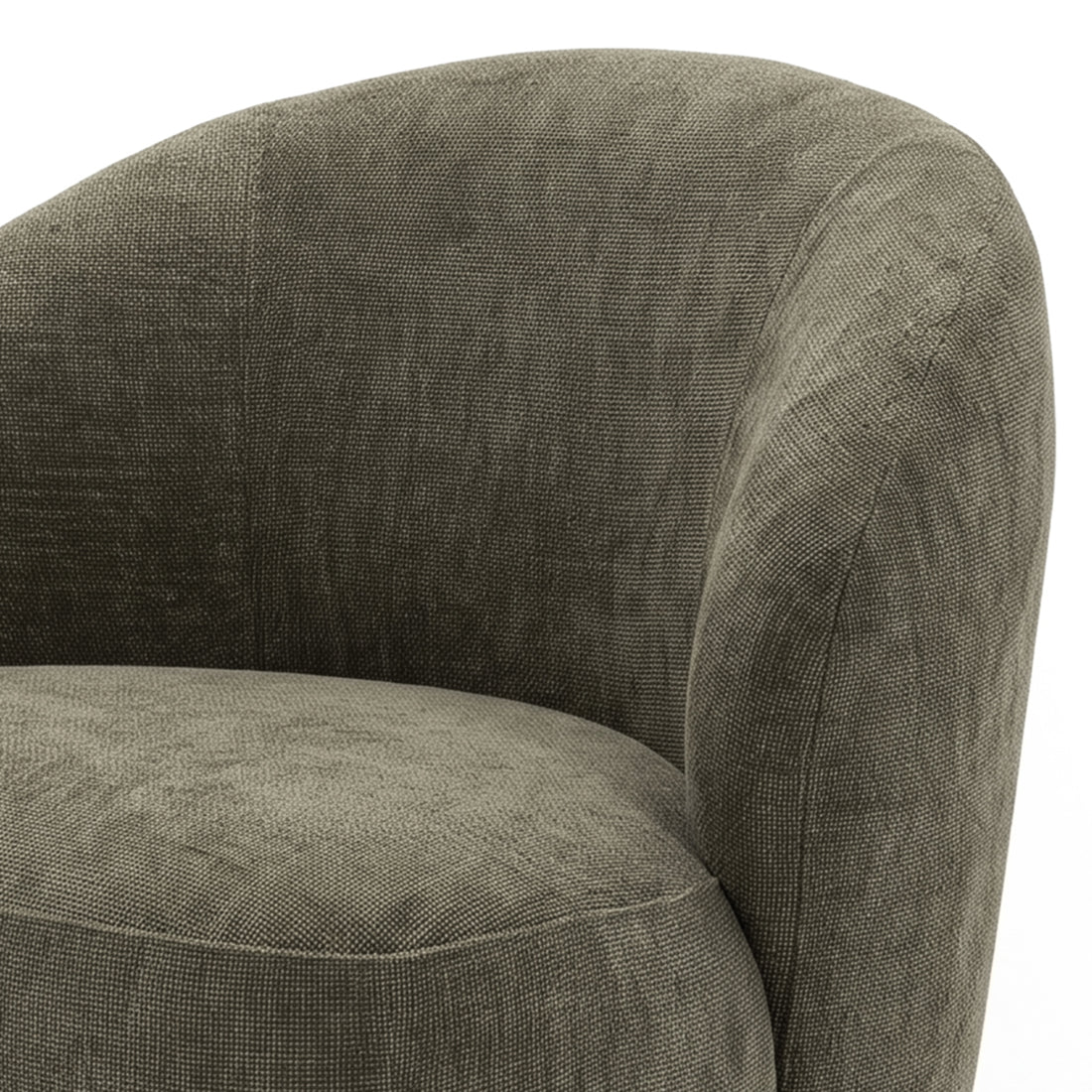 Close-up of the upper portion of a curved upholstered accent chair on a white background