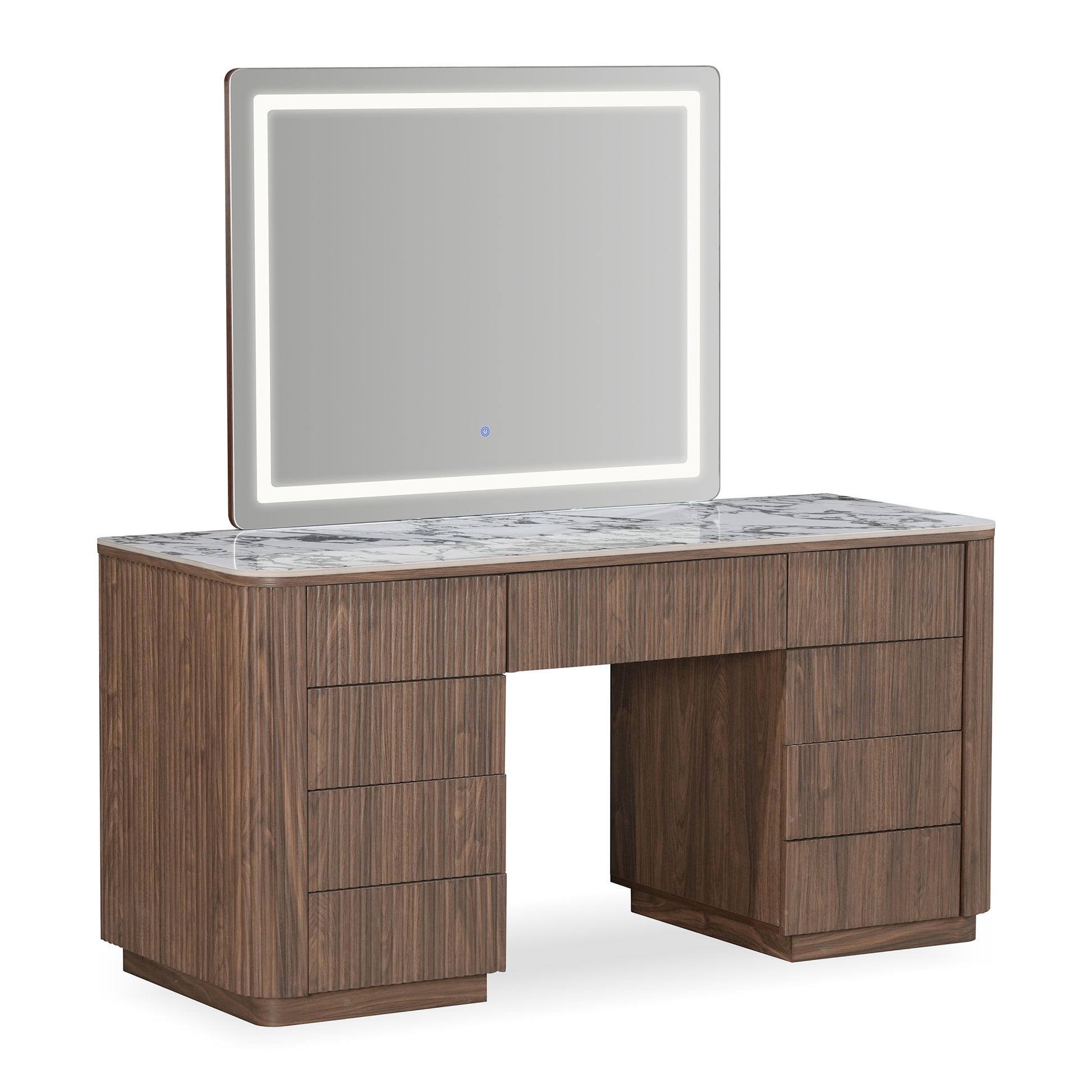 Modern wooden vanity table with marble top and LED mirror on white background