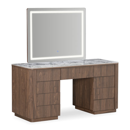 Modern wooden vanity table with marble top and LED mirror on white background