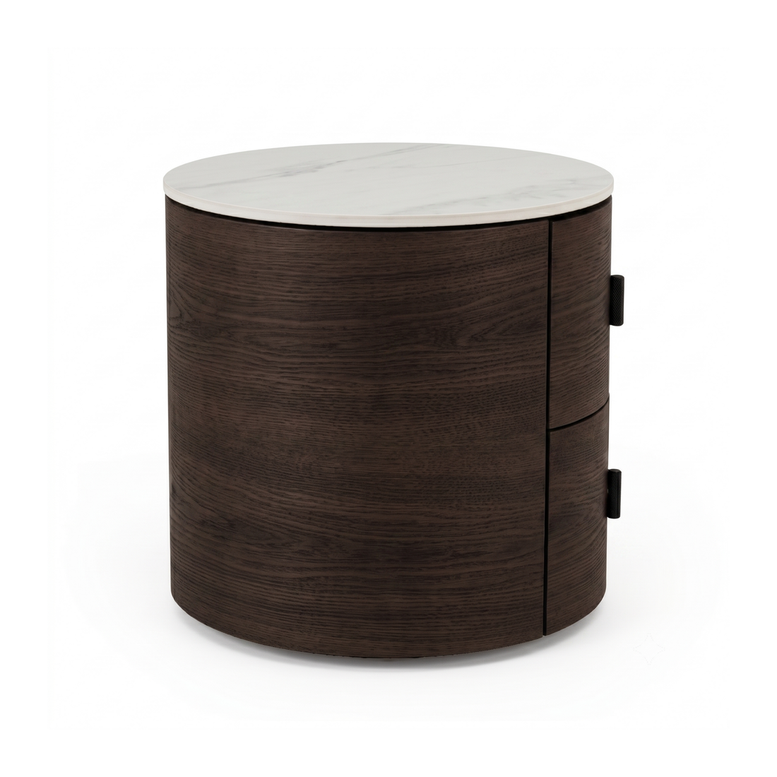 Round two-drawer side table with dark wood body and white marble-look top on a white background.