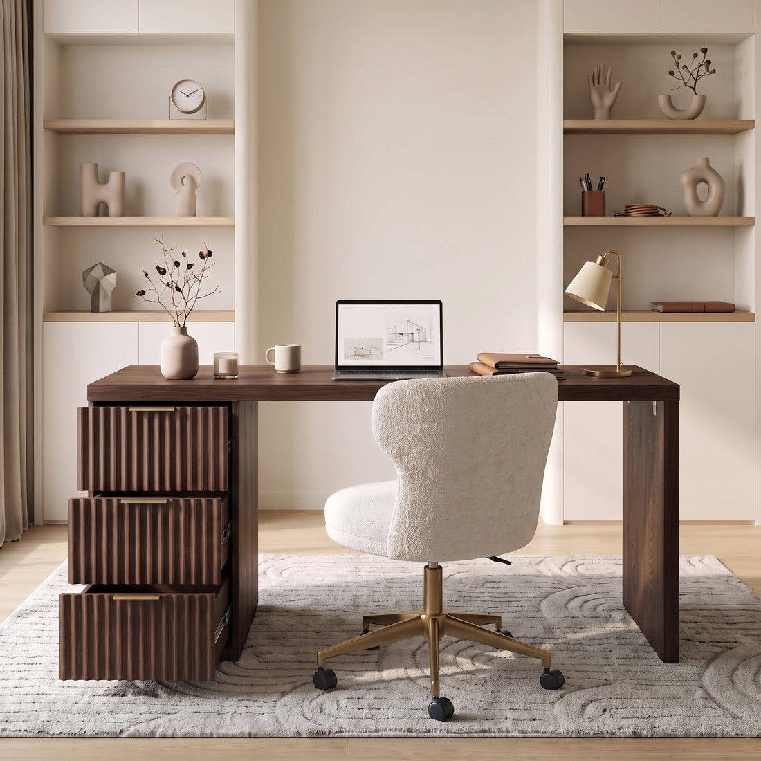 Dark wood desk and white chair in a modern office setting