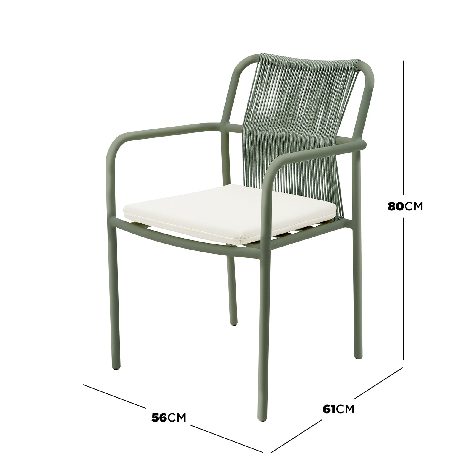 Evone Aluminium Rope Outdoor Dining Chair in Green features a modern design with a woven rope backrest, olive-green metal frame, and a white seat cushion, measuring 56x61x80 cm for compact outdoor settings.